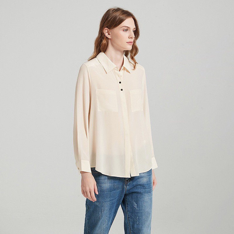 ★春★新生活★オフィス★カジュアル★母の日★100%シルクレギュラーカラーシャツ（クリームイエロー）