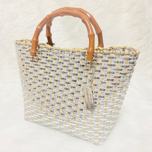 ラメルヘンテープのカゴバッグ Coquette tote シルバー×ラテ かご  