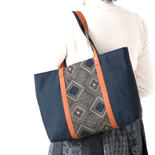 龍郷 大島紬×本革 着物リメイク トートバッグ 和装バッグ ハンドメイド A4 大島紬 × 本革 着物リメイク 大きめ トートバッグ 手提げ 和装