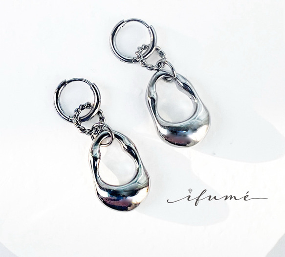 【ifumé】ゴロンとしたドロップのネックレス＆ピアス（イヤリング）SILVER Set サージカルステンレス 2枚目の画像