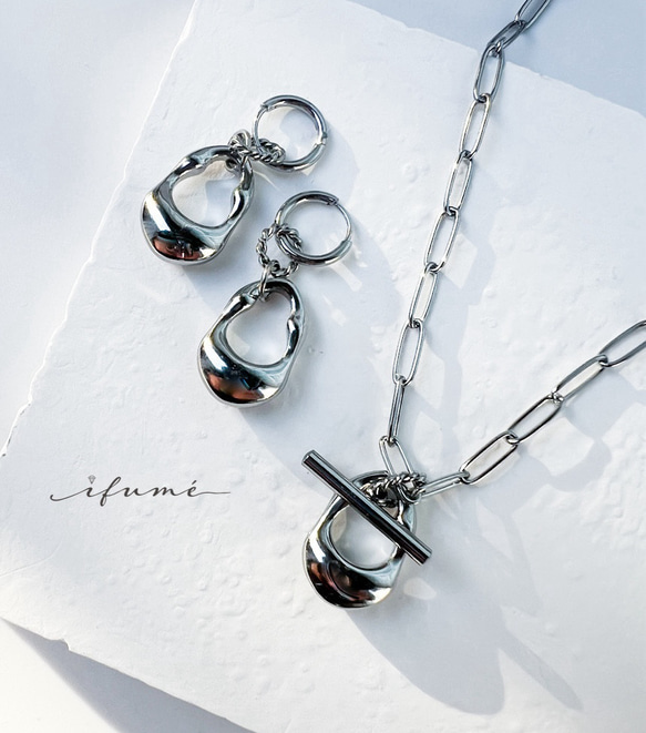 【ifumé】ゴロンとしたドロップのネックレス＆ピアス（イヤリング）SILVER Set サージカルステンレス 1枚目の画像