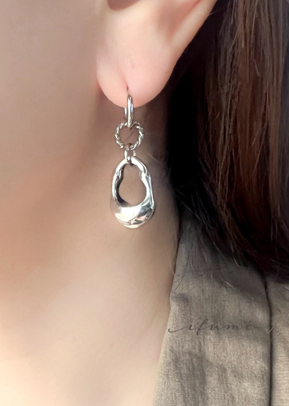 【ifumé】ゴロンとしたドロップのネックレス＆ピアス（イヤリング）SILVER Set サージカルステンレス 6枚目の画像