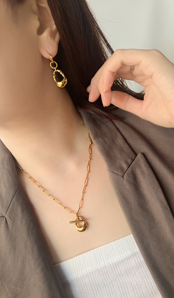 【ifumé】ゴロンとしたドロップのネックレス＆ピアス（イヤリング）GOLD Set サージカルステンレス 8枚目の画像