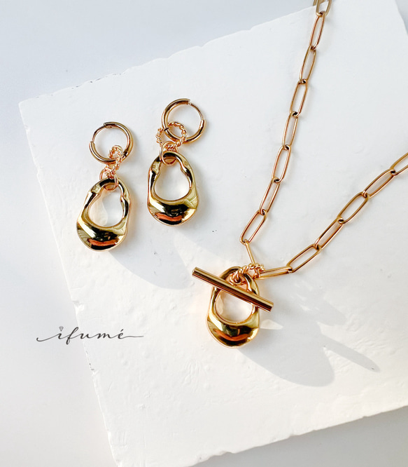 【ifumé】ゴロンとしたドロップのネックレス＆ピアス（イヤリング）GOLD Set サージカルステンレス 1枚目の画像