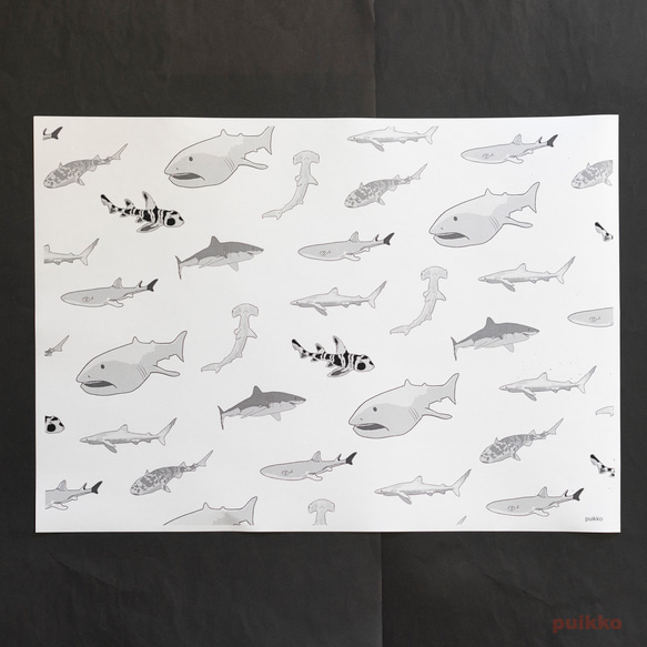 紙製ブックカバー　サメ（モノクロ）　A3判（5枚セット） 10枚目の画像