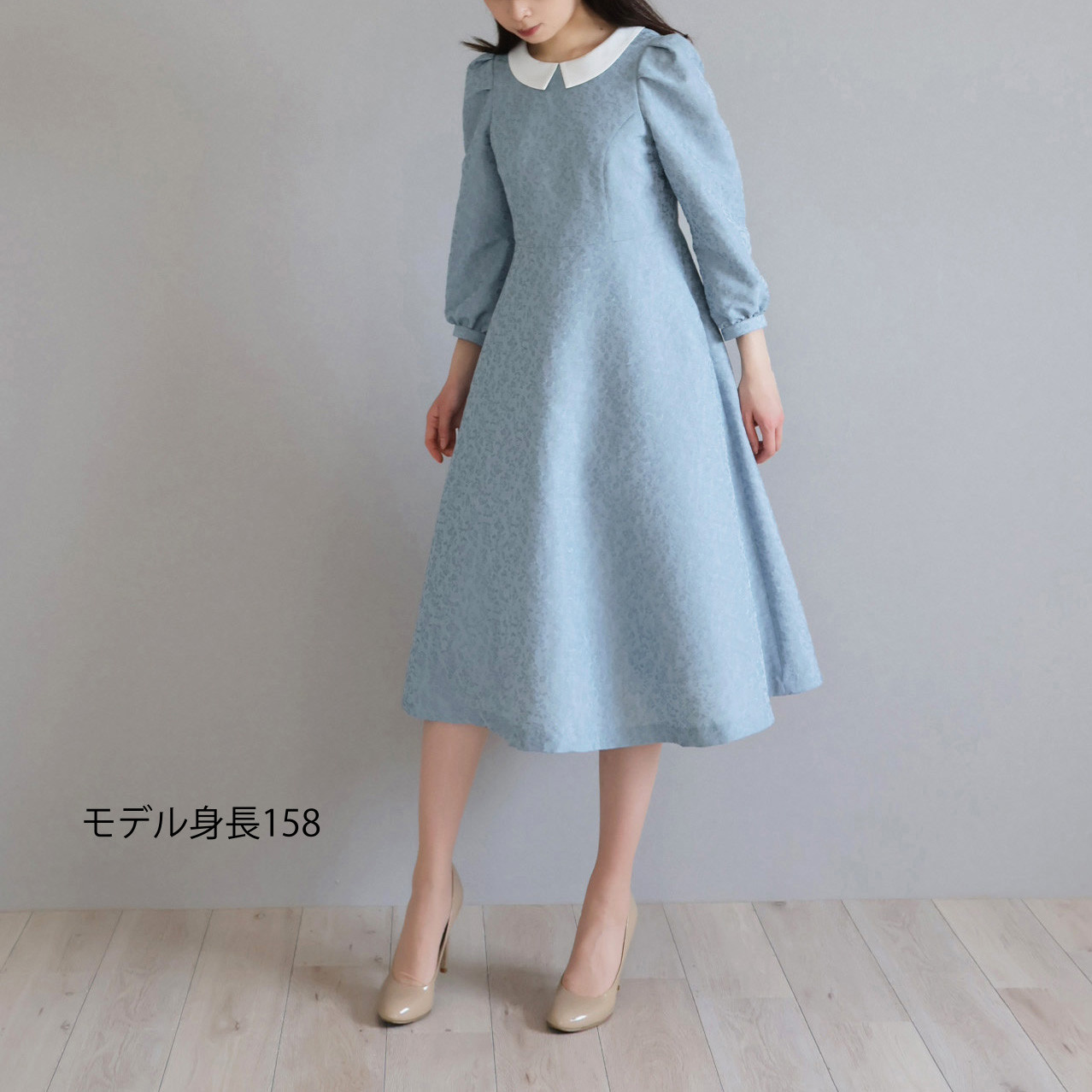 【卒入学にも◎】小花柄フクレジャガード 衿付きフレアワンピース【ネイビー】