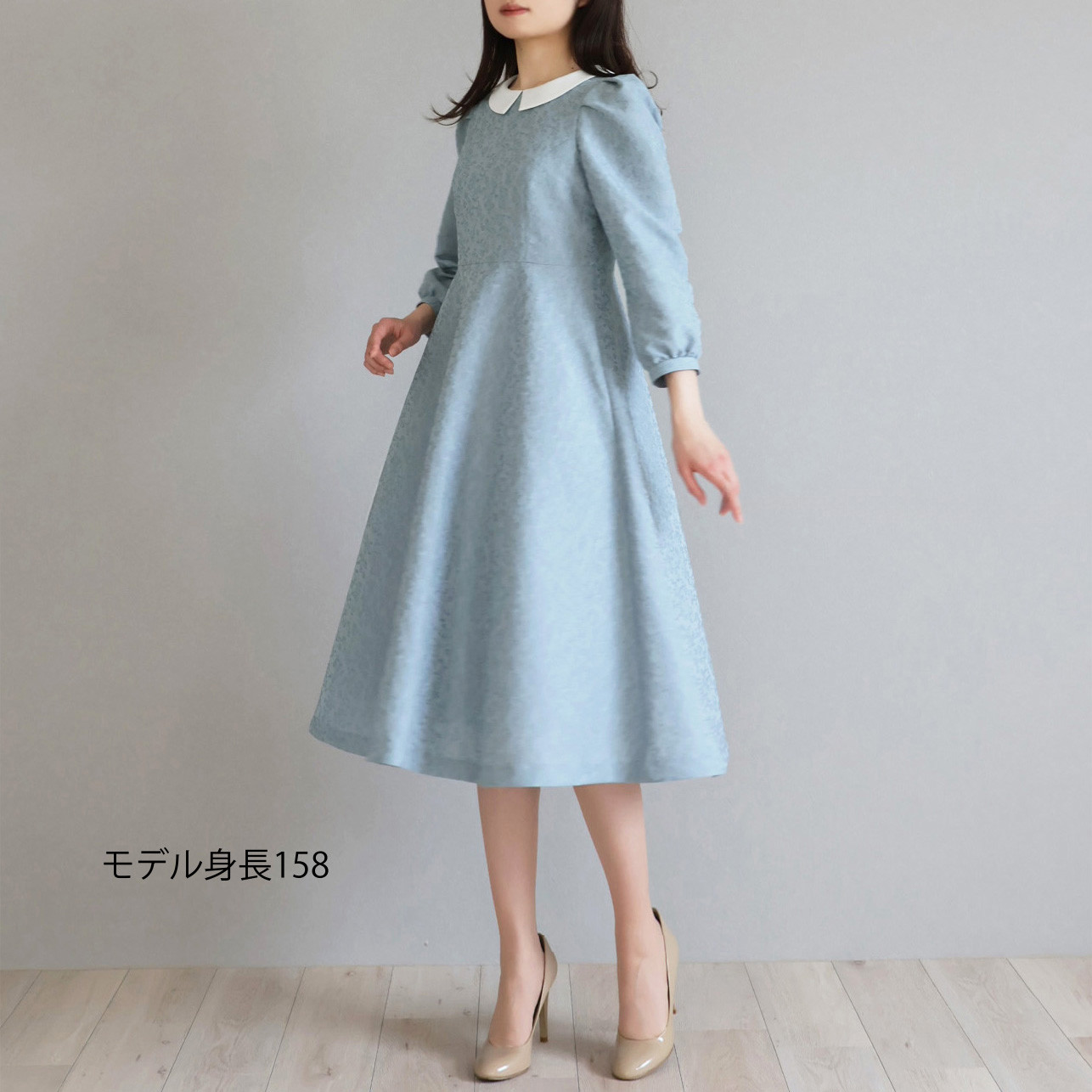 【卒入学にも◎】小花柄フクレジャガード 衿付きフレアワンピース【ネイビー】
