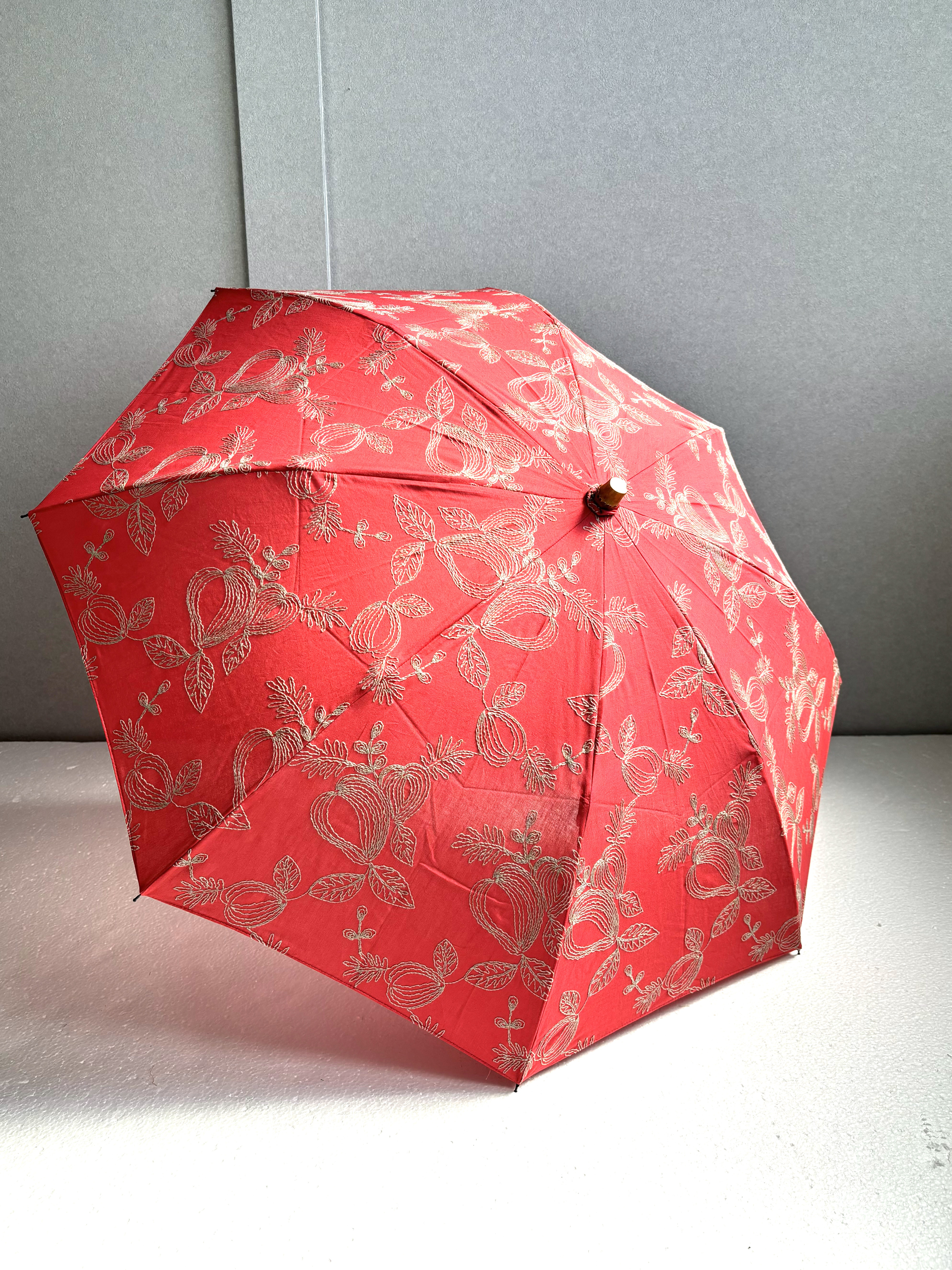 折りたたみ☆刺繍レース日傘♪送料無料☆洋梨柄☆青空に映える日傘♪Red♪UV・撥水加工済み