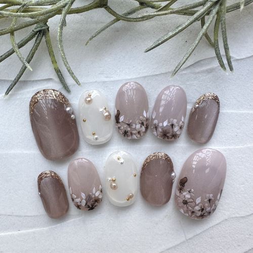 ネイルチップ/押し花/スモーキー/大人/シンプル/436 ネイルチップ