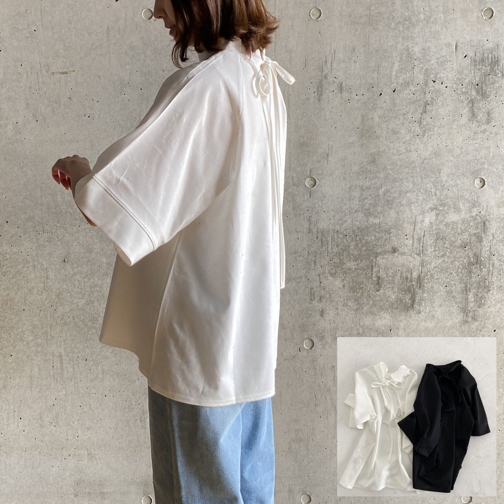 【日本製】コットンポンチ＿Aライン2WAYリボン＿カットソーブラウス_ホワイト