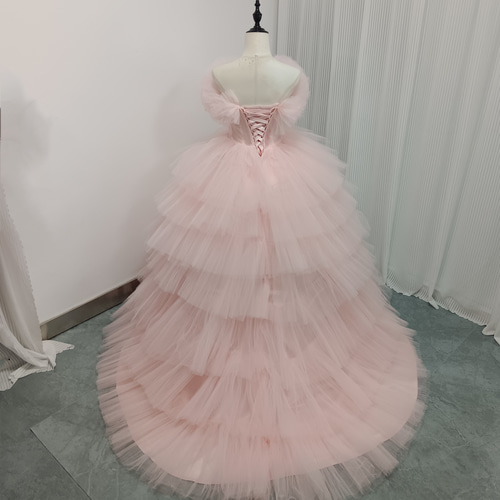 送料無料！豪華！ カラードレス オフショルダー 薄桃色 編み上げ  