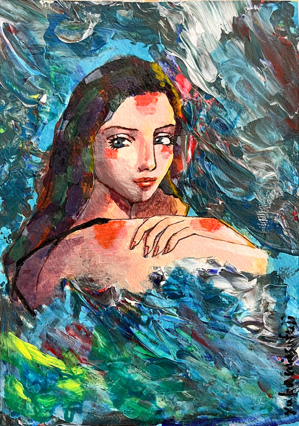 「深海」波をイメージした美しい絵画 アクリル画【額装済み】B5サイズアート原画 イラスト インテリア 3枚目の画像