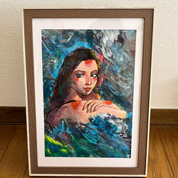 「深海」波をイメージした美しい絵画 アクリル画【額装済み】B5サイズアート原画 イラスト インテリア 2枚目の画像