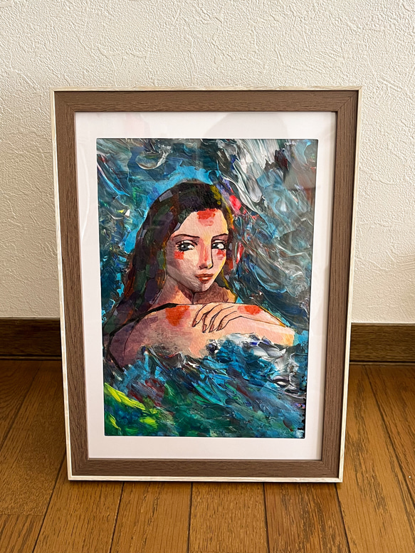 【委託出品中】「深海」波をイメージしたオリジナルイラスト アクリル画【額装済み・送料無料】B5原画  青ブルー 2枚目の画像