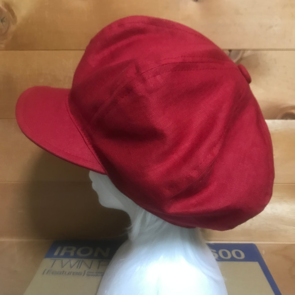 ハンドメイド　ビッグキャスケット　赤　フレンチリネン　カラーリネン　サイズオーダー　ココナッツ　メンズ　男女兼用 6枚目の画像