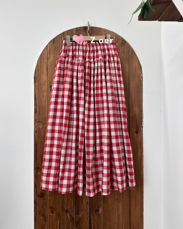 [受注]綿100％  チェックスカート  春夏のA字スカート  ハイウエストをゆるめる 4枚目の画像