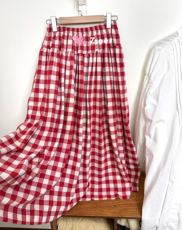 [受注]綿100％  チェックスカート  春夏のA字スカート  ハイウエストをゆるめる 2枚目の画像