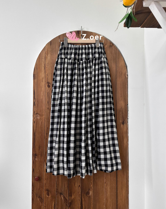 [受注]綿100％  チェックスカート  春夏のA字スカート  ハイウエストをゆるめる 5枚目の画像