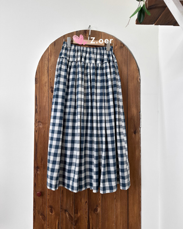 [受注]綿100％  チェックスカート  春夏のA字スカート  ハイウエストをゆるめる 3枚目の画像