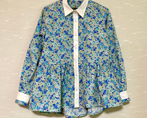 新品 カルドファブリカ 爽やかブルーの花柄ブラウス リボン フリーサイズ 小さいサイズ】花柄シフォンスカート/丈の長さが選べる/洗える