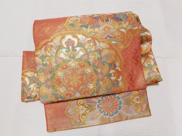 ワンタッチ帯 くらわん帯 正絹袋帯リメイク 濃桃佐賀錦鴛鴦正倉院花