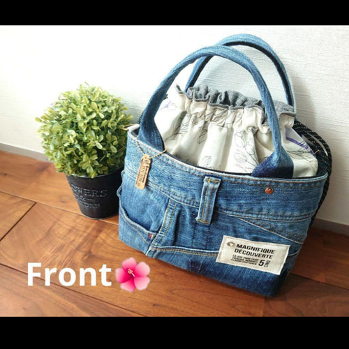 No.423【DENIM✖️Flower 全面あおりポケット巾着BAG