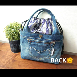 No.423【DENIM✖️Flower 全面あおりポケット巾着BAG❤️】デニムリメイクトートバッグ✨ 5枚目の画像