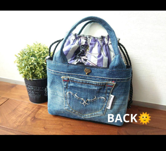 No.423【DENIM✖️Flower 全面あおりポケット巾着BAG❤️】デニムリメイクトートバッグ✨ 5枚目の画像