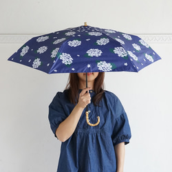 竹ハンドル UVカット折りたたみ傘 あじさい  ネイビー 紫外線99.9%カット 164025 晴雨兼用 日傘 雨傘 10枚目の画像