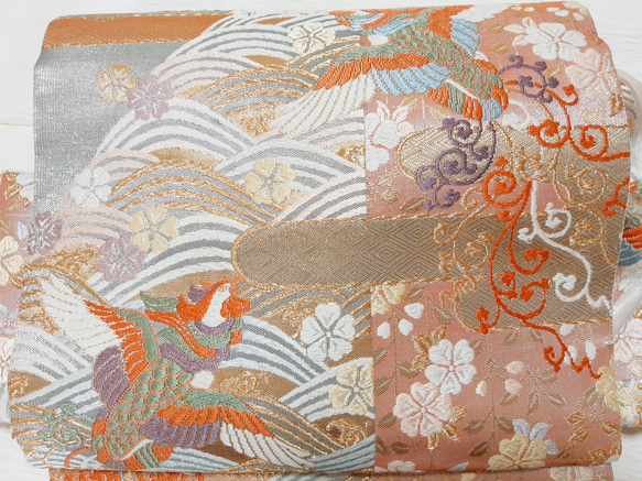 ワンタッチ帯　くらわん帯　正絹袋帯リメイク　桜波鳳凰正倉院文様　作り帯　 3枚目の画像
