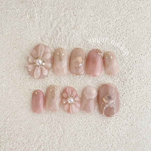 ネイルチップ ニュアンスネイル ぷっくりフラワー 春ネイル ピンク  