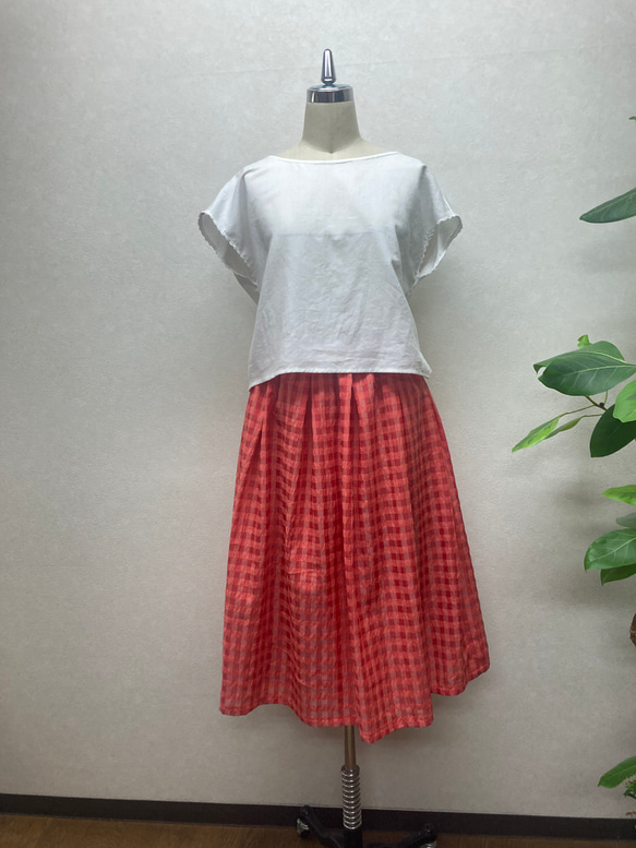 ふんわり軽いギンガムチェックのタックギャザースカート(*'▽'*)レッド系 2枚目の画像