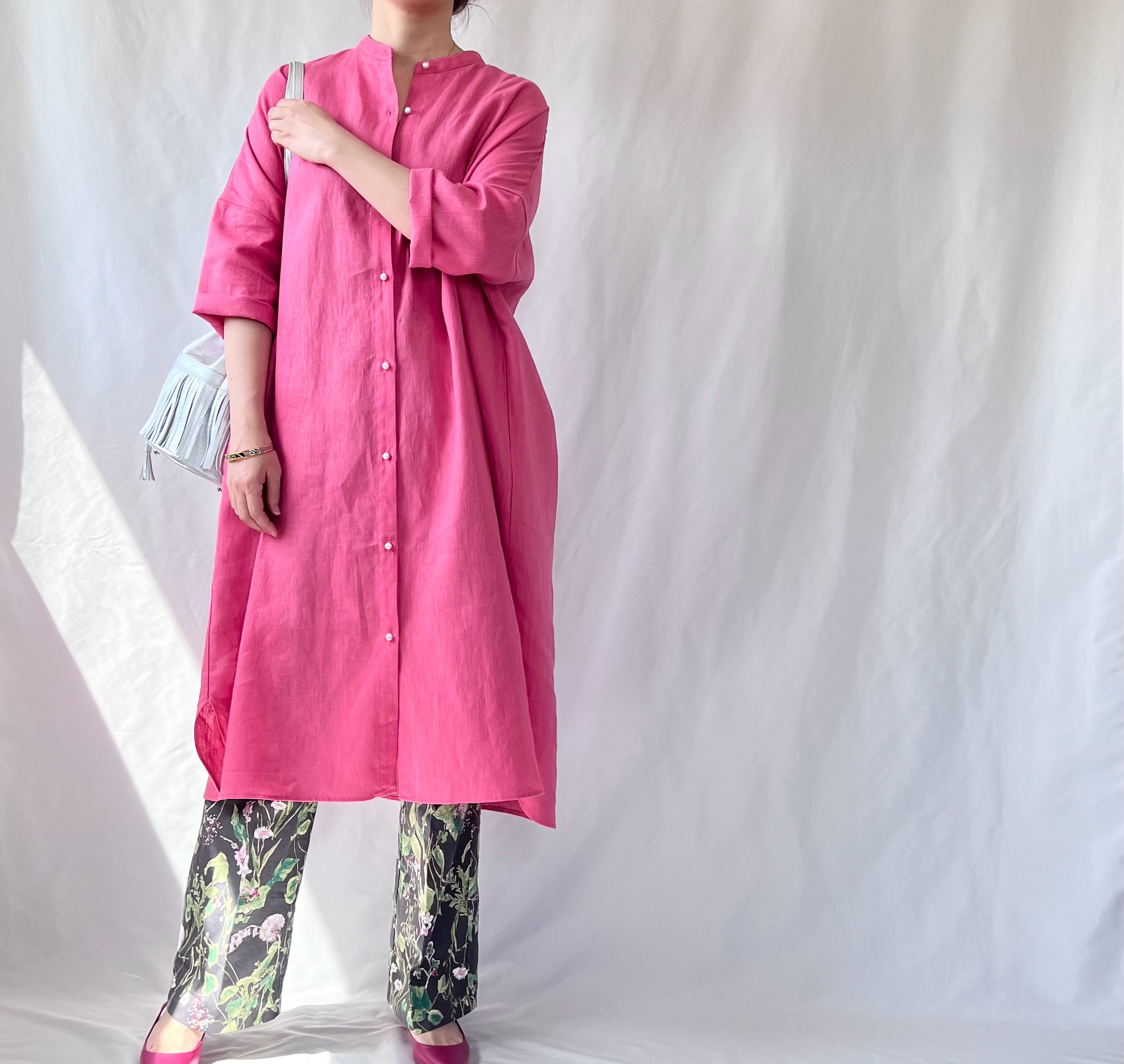 値下げ！リネンギャザーワンピースPINK リネン風ピンク長袖シャツワンピース