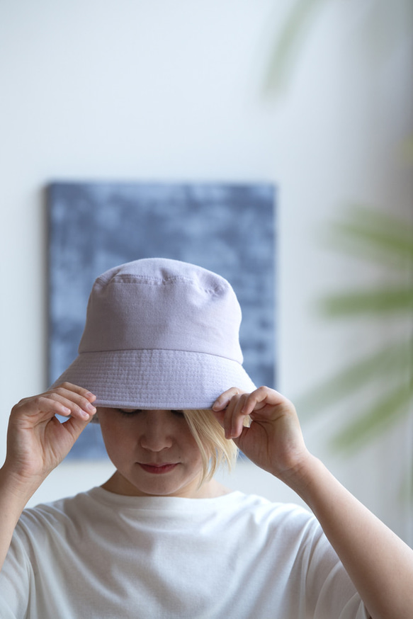 リネン混ガーゼ　ラベンダー染めバケットハット　Lサイズ【Organic Cotton×Linen】 6枚目の画像