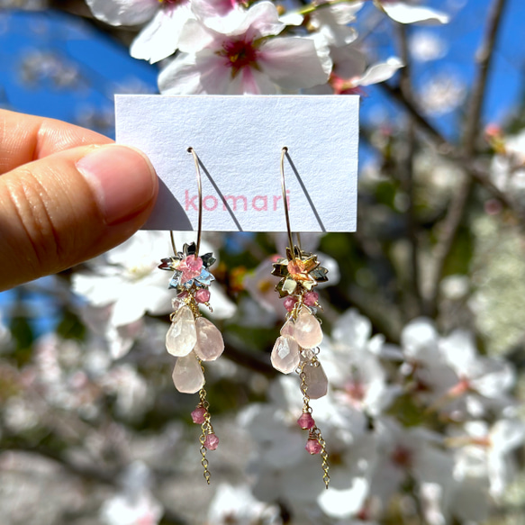 Spring【新作２０％OFF】『桜』満開のフープピアス/ピンクトルマリン・ローズクォーツ・ハーキマーダイヤモンド 3枚目の画像
