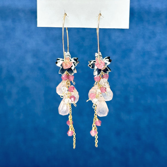 Spring【新作２０％OFF】『桜』満開のフープピアス/ピンクトルマリン・ローズクォーツ・ハーキマーダイヤモンド 4枚目の画像