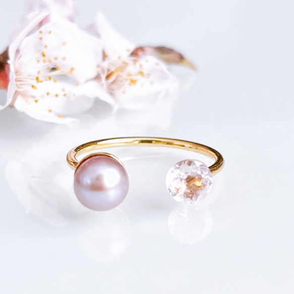 【TV衣装提供】フォークリング モルガナイト 淡水パール 桜色 ピンク 真珠 フリーサイズ 誕生日 ギフト 指輪 1枚目の画像