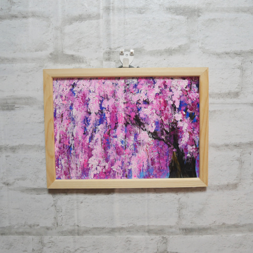 油絵　SM額縁付き　枝垂れ桜　取り付け金具付き 油絵 SM額縁付き 枝垂れ桜 取り付け金具付き