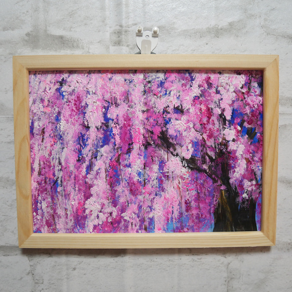 油絵 SM額縁付き 枝垂れ桜 取り付け金具付き