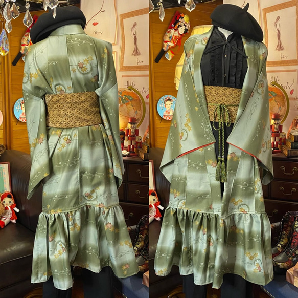 着物 洗える 化繊  2way ガウン 羽織り ドレス ワンピース ハンドメイド リメイク  KD-34 4枚目の画像