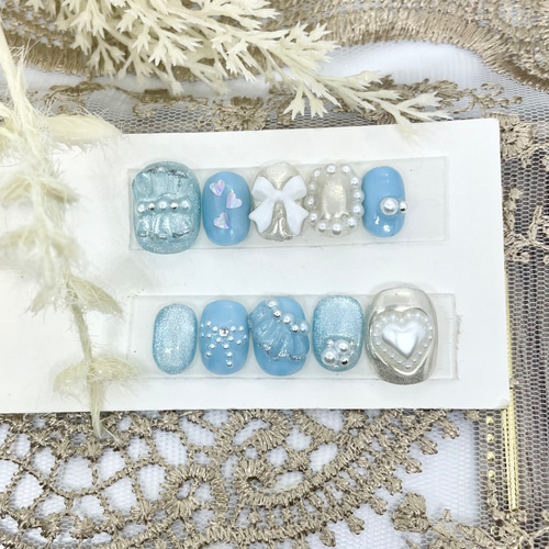 Rily様❁フルオーダー　リボンデザイン ネイルチップ 4点セット サイズオーダー♡ フリル× ハート×リボンネイルチップ ブルー