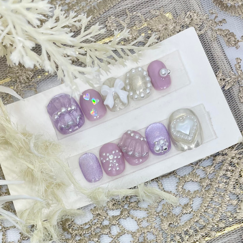 Rily様❁フルオーダー リボンデザイン ネイルチップ 4点セット
