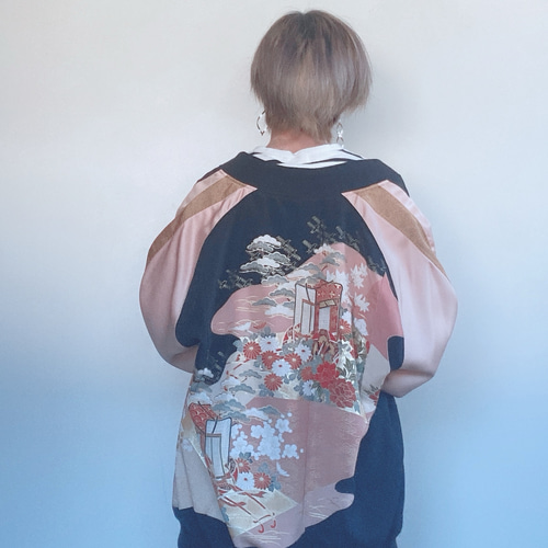 着物リメイク スカジャン 着物リメイクスカジャン 鳳凰 絞り柄 横振刺繍 リバーシブル