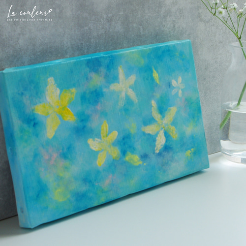 原画】水面に浮かぶ 花 約273×160mm（M3サイズ）キャンバス 送料無料