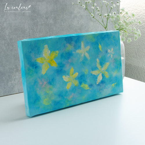 原画】水面に浮かぶ 花 約273×160mm（M3サイズ）キャンバス 送料無料