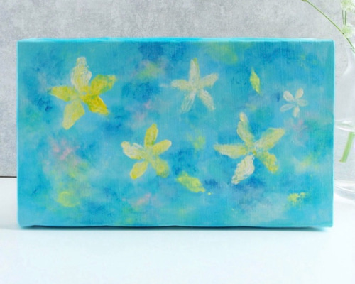 原画】水面に浮かぶ 花 約273×160mm（M3サイズ）キャンバス 送料無料