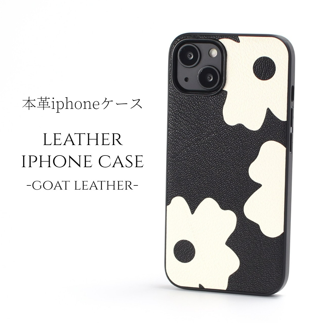 iphone ケース 本革 16 15 14 13 mini レザー ゴートレザー 山羊革 花柄 大人かわいい ブラック