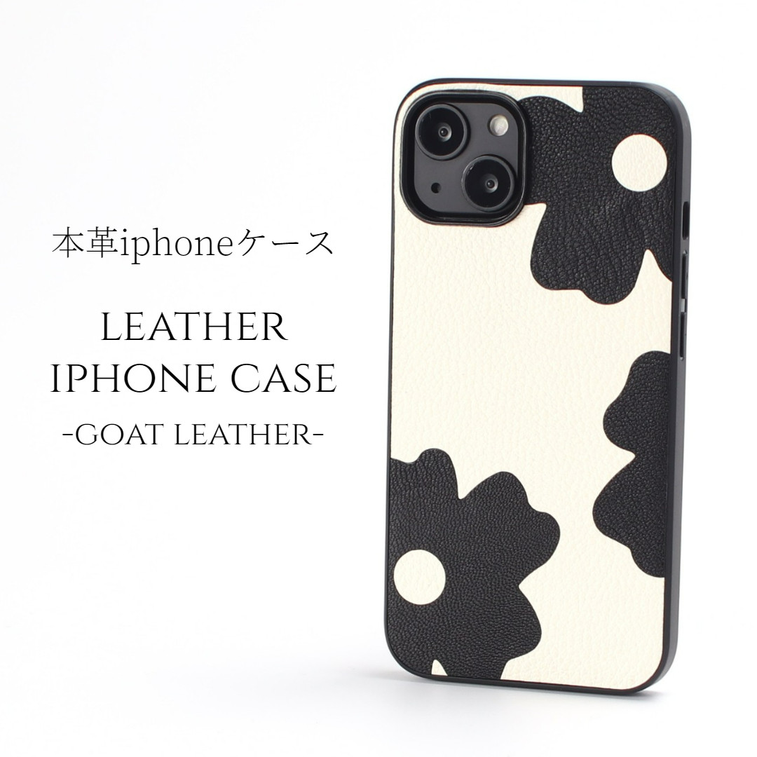iphone ケース 本革 16 15 14 13 mini レザー ゴートレザー 山羊革 花柄 大人かわいい ホワイト