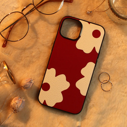 iphone ケース 本革 15 14 13 mini レザー ゴートレザー 山羊革 花柄 大人かわいい レッド 赤 4枚目の画像