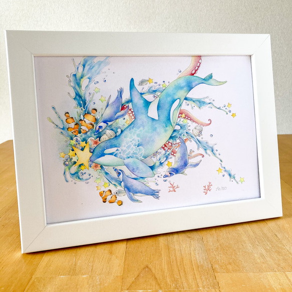 低価，定番 シャチと海の生き物 原画一点ものイラスト A5サイズ